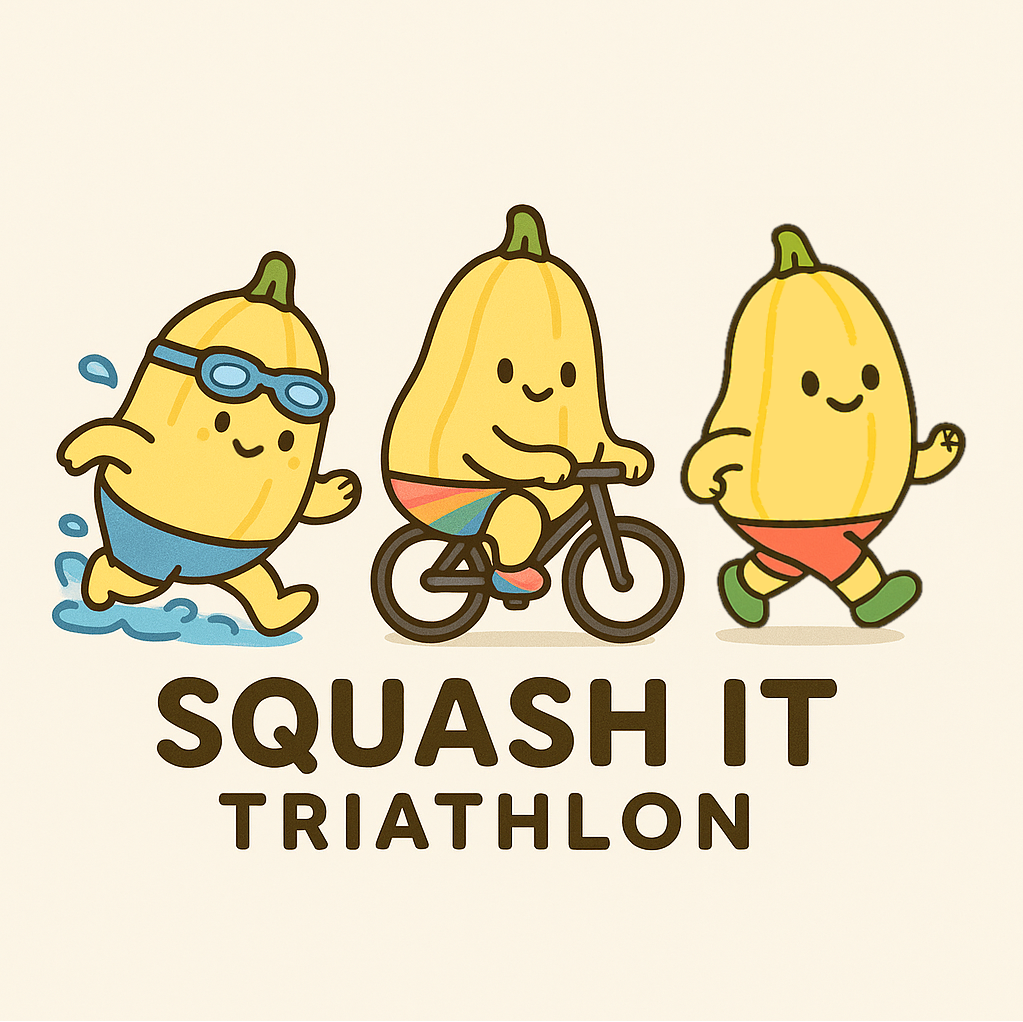 Three cute squash characters doing triathlon activities - swimming, biking, and running